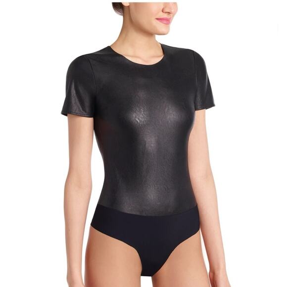 Commando | Women’s Black Faux Leather Tee Bodysuit Top Smoothing TShirt Shirt M - Picture 1 of 9